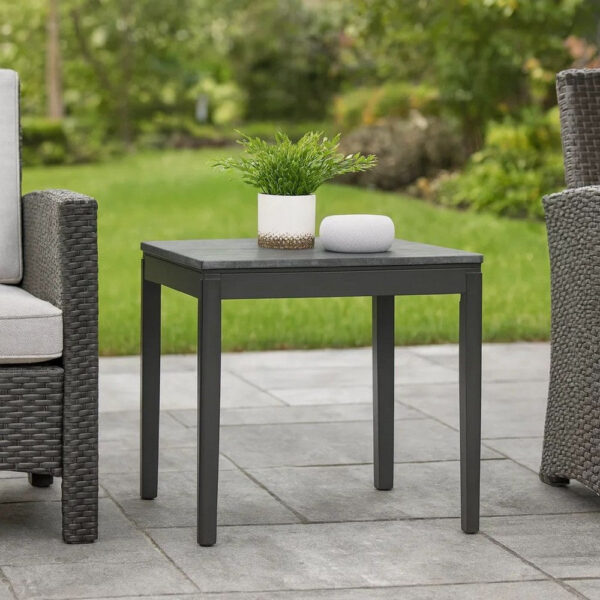 Kyo 24 Inch End Table, Gray Faux Marble Top, Sandy Texturing, Black Legs