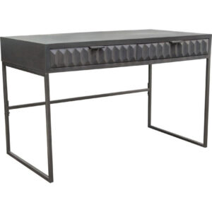 15022026699199f08fdd3.jpeg Fiva 47 Inch 2 Drawer Desk, Embossed Geometric Patterns, Smoke Gray Wood