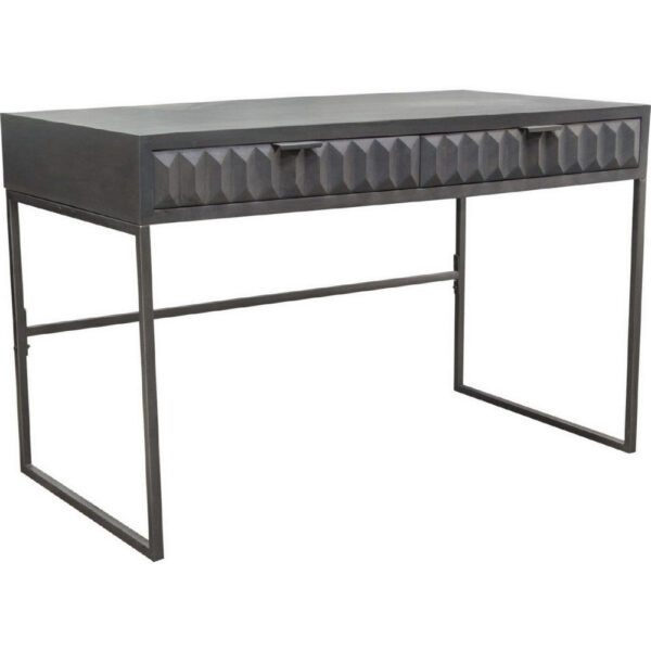 Fiva 47 Inch 2 Drawer Desk, Embossed Geometric Patterns, Smoke Gray Wood