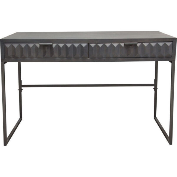 Fiva 47 Inch 2 Drawer Desk, Embossed Geometric Patterns, Smoke Gray Wood