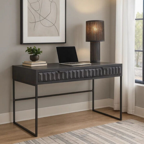 Fiva 47 Inch 2 Drawer Desk, Embossed Geometric Patterns, Smoke Gray Wood