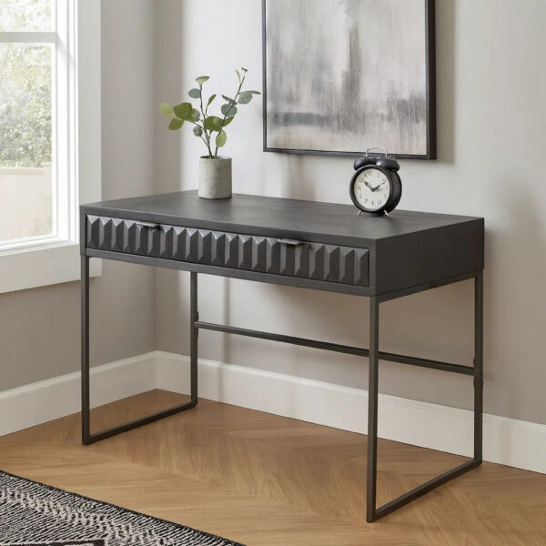 Fiva 47 Inch 2 Drawer Desk, Embossed Geometric Patterns, Smoke Gray Wood