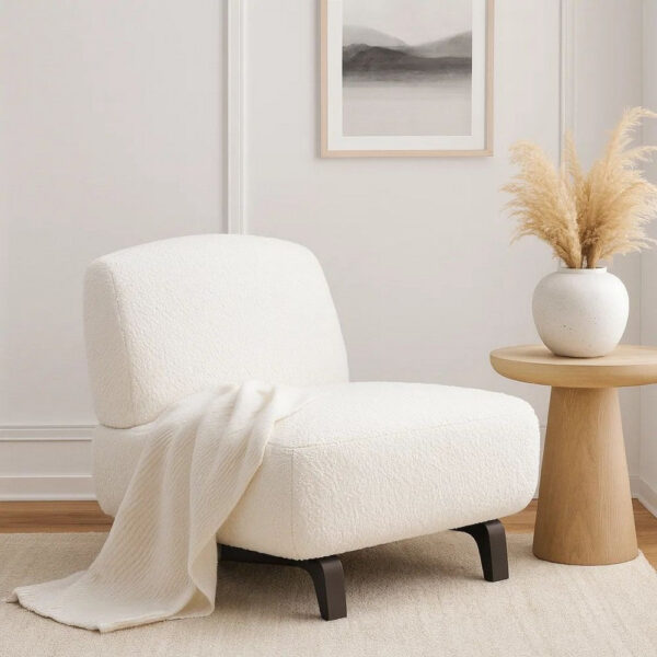Ikka 30 Inch Padded Armless Chair, Crisp White Faux Sheepskin Upholstery