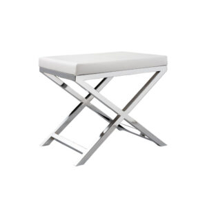 Sumi 18 Inch Stool, Padded Seat, White Faux Leather, Crossed Chrome Legs