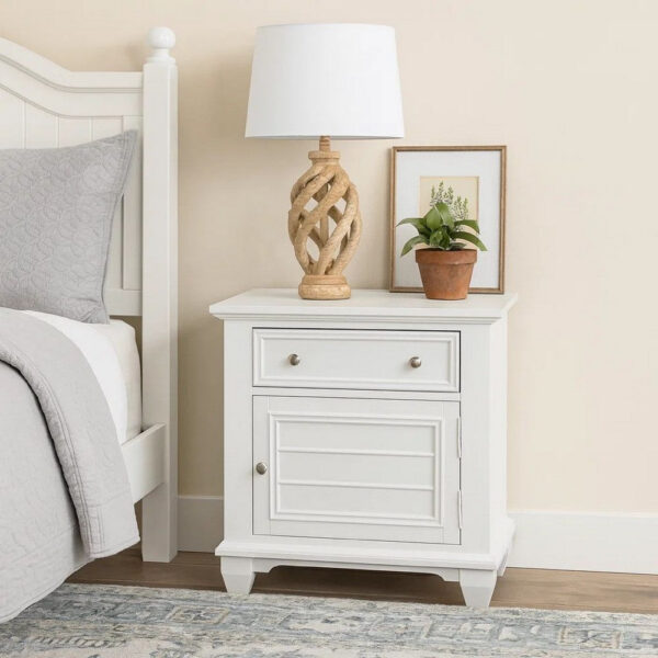 Jims 28 Inch Nightstand, Single Door and Drawer, Cup Handles, White Wood