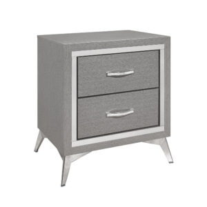 1502202669919a70c822d.jpeg Haya 24 Inch 2 Drawer Nightstand, Embossed Smooth Gray Wood, Silver Trim