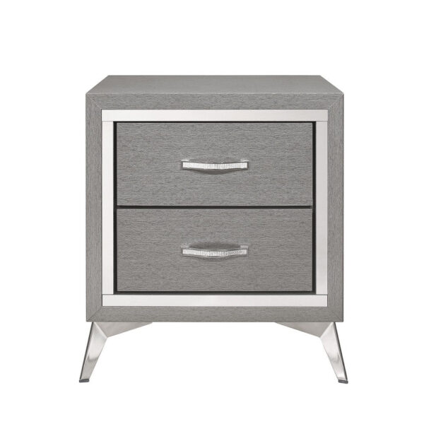 Haya 24 Inch 2 Drawer Nightstand, Embossed Smooth Gray Wood, Silver Trim