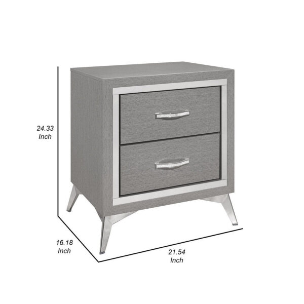 Haya 24 Inch 2 Drawer Nightstand, Embossed Smooth Gray Wood, Silver Trim