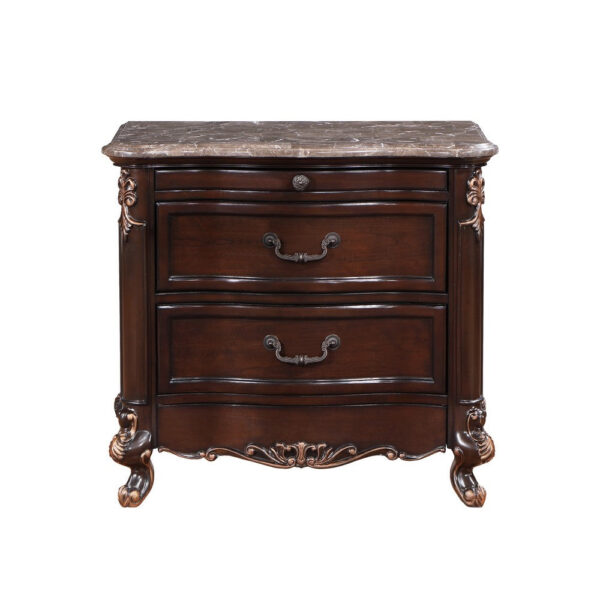 1502202669919a7d1988d.jpeg Leon 32 Inch 2 Drawer Nightstand, Carved Details, Marble Surface, Brown