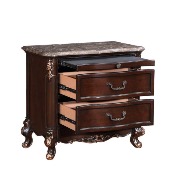 1502202669919a7e9bd56.jpeg Leon 32 Inch 2 Drawer Nightstand, Carved Details, Marble Surface, Brown