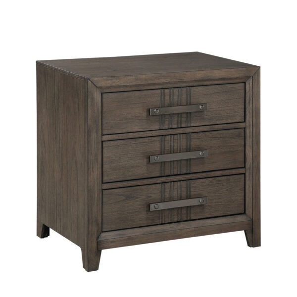 27 Inch Rustic Nightstand, 2 Drawers, Gray Metal Handles, Rich Brown Wood