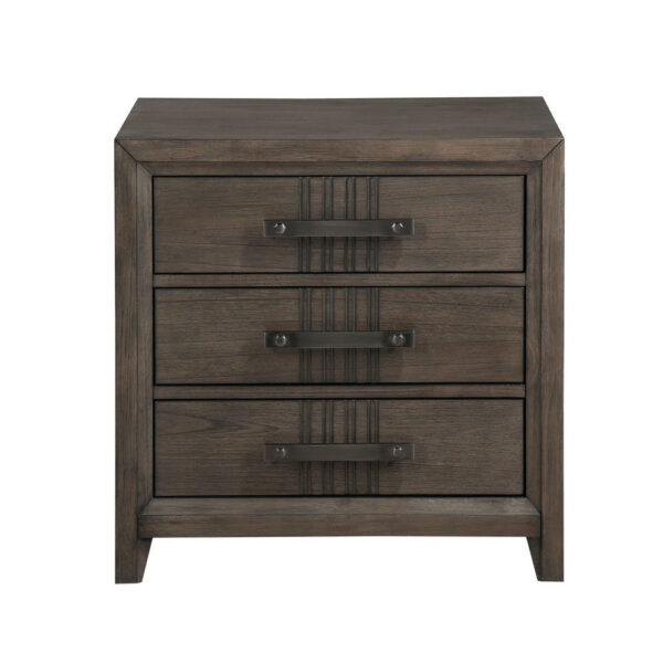 27 Inch Rustic Nightstand, 2 Drawers, Gray Metal Handles, Rich Brown Wood