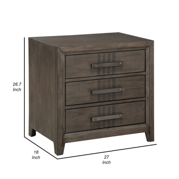 27 Inch Rustic Nightstand, 2 Drawers, Gray Metal Handles, Rich Brown Wood