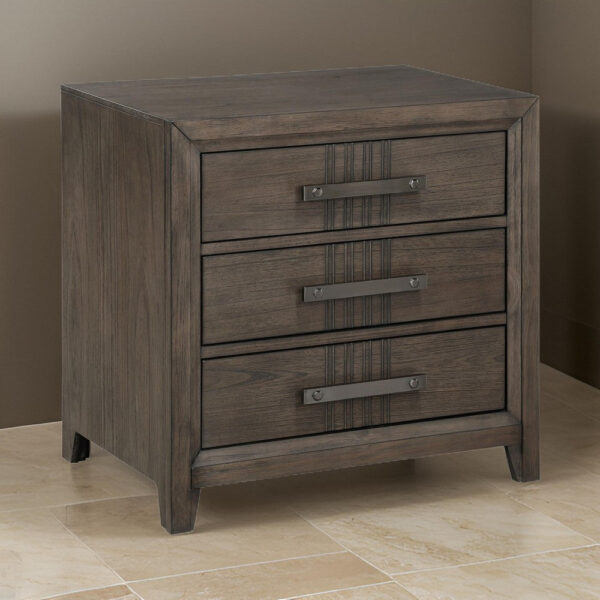 27 Inch Rustic Nightstand, 2 Drawers, Gray Metal Handles, Rich Brown Wood
