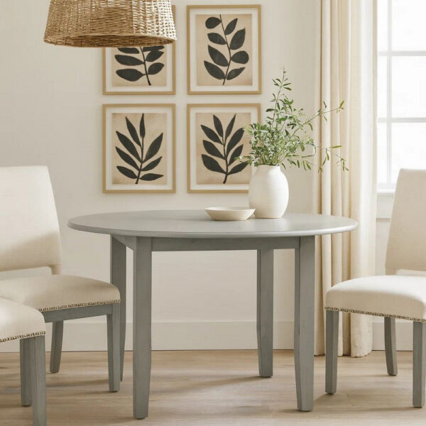 Pane 47 Inch Rounded Wood Dining Table, Smooth Gray Finish, Tall Block Legs
