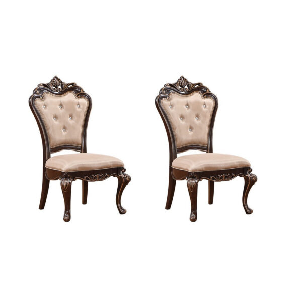 Leon 22 Inch Set of 2 Tufted Dining Chairs, Cherry Brown Wood, Beige Fabric