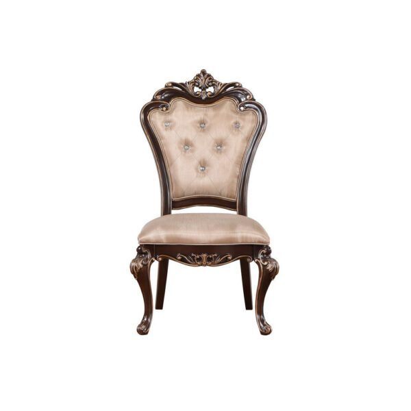 Leon 22 Inch Set of 2 Tufted Dining Chairs, Cherry Brown Wood, Beige Fabric