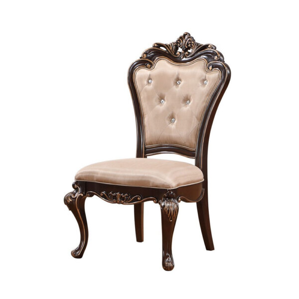 Leon 22 Inch Set of 2 Tufted Dining Chairs, Cherry Brown Wood, Beige Fabric