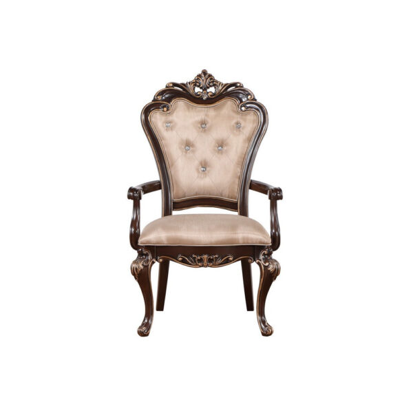 Leon 25 Inch Set of 2 Tufted Dining Armchair, Cherry Brown Wood, Beige Seat