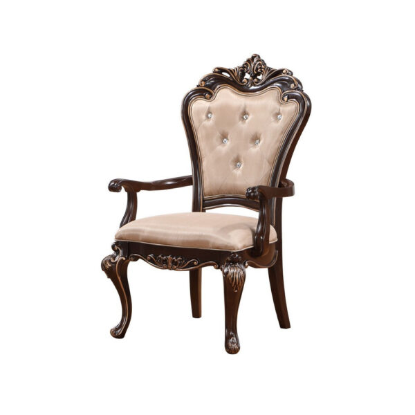 Leon 25 Inch Set of 2 Tufted Dining Armchair, Cherry Brown Wood, Beige Seat