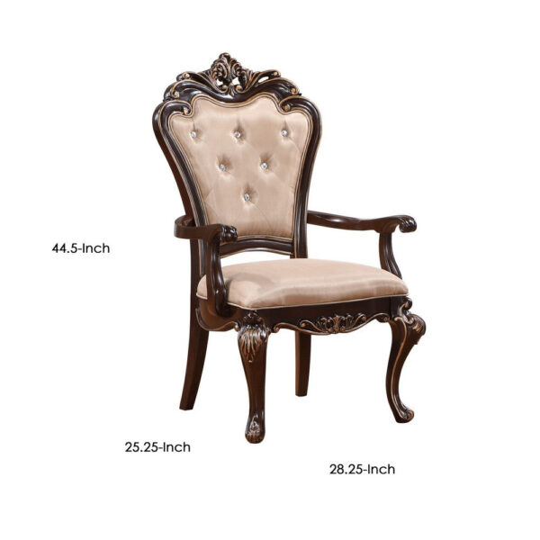 Leon 25 Inch Set of 2 Tufted Dining Armchair, Cherry Brown Wood, Beige Seat