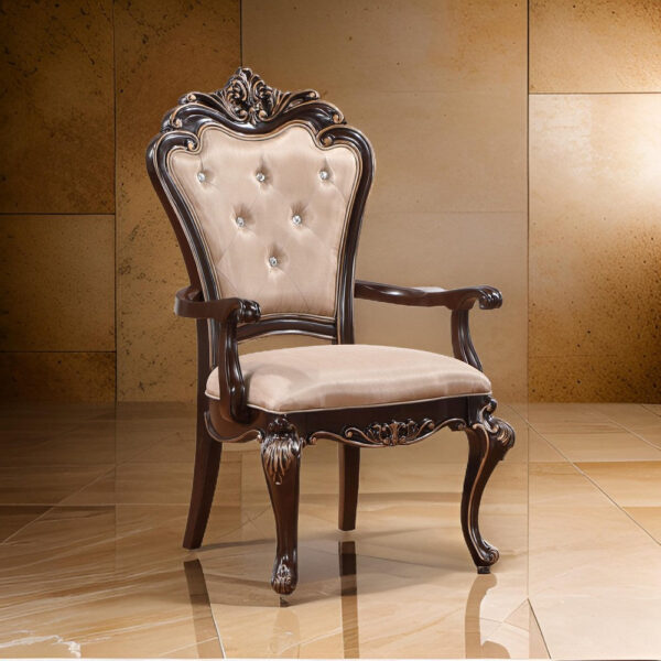 Leon 25 Inch Set of 2 Tufted Dining Armchair, Cherry Brown Wood, Beige Seat