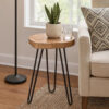23 Inch Side End Table, Hairpin Legs, Natural Brown Acacia Wood, Black Base