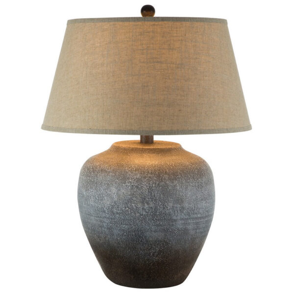 1502202669919ad9d284d.jpeg Buen 28 Inch Hydrocal Table Lamp, Drum Shade, Urn Base, Gray Rust Frost