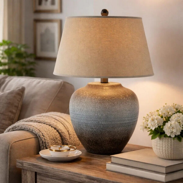 1502202669919ae24e54a.jpeg Buen 28 Inch Hydrocal Table Lamp, Drum Shade, Urn Base, Gray Rust Frost