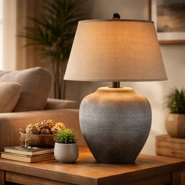 1502202669919ae3e6ad2.jpeg Buen 28 Inch Hydrocal Table Lamp, Drum Shade, Urn Base, Gray Rust Frost