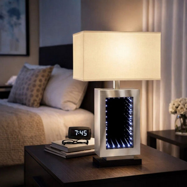 Ziva 27 Inch Table Lamp, LED Night Light, Rectangular Shade, Matte Silver