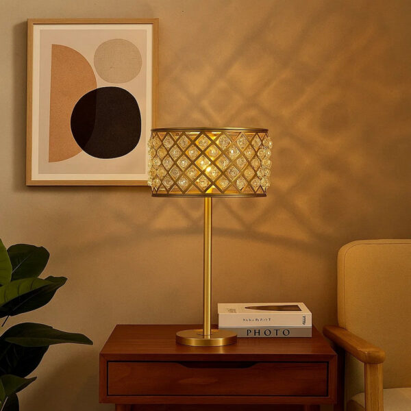 Dany 28 Inch Table Lamp with Crystal Drum Shade, Gold Brass Metal Base