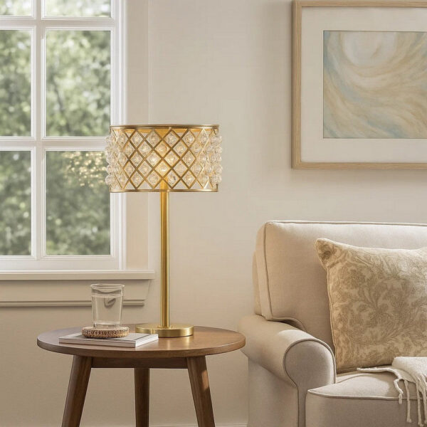 Dany 28 Inch Table Lamp with Crystal Drum Shade, Gold Brass Metal Base