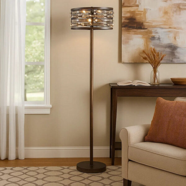 60 Inch Floor Lamp with Crystal Drum Shade, Metal Base, Antique Bronze