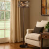 60 Inch Floor Lamp with Crystal Drum Shade, Metal Base, Antique Bronze