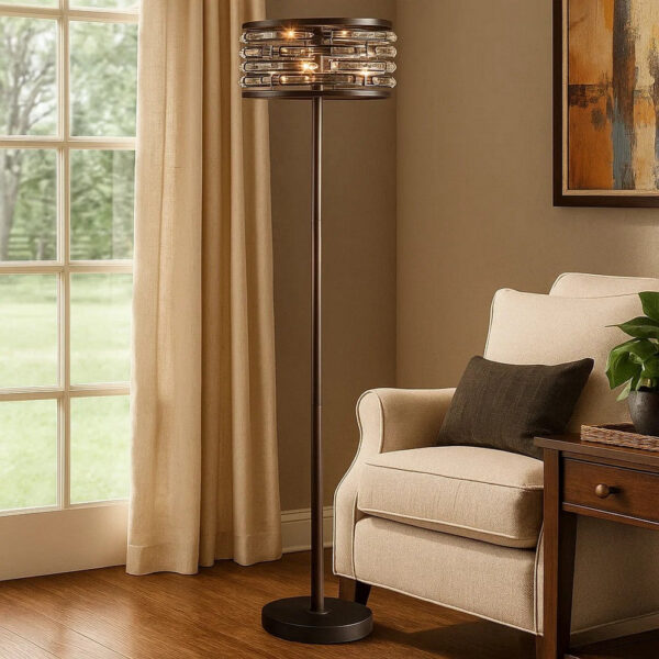 60 Inch Floor Lamp with Crystal Drum Shade, Metal Base, Antique Bronze