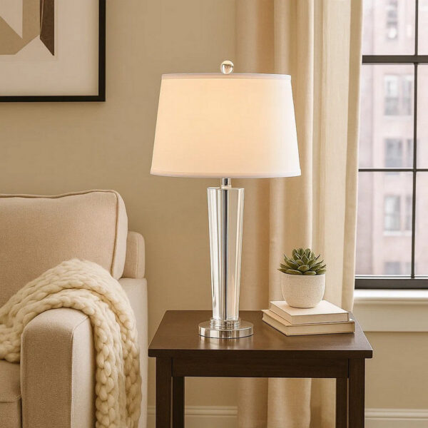 27 Inch Table Lamp with Glass Stand, Empire Shade, Metal, Clear Finish