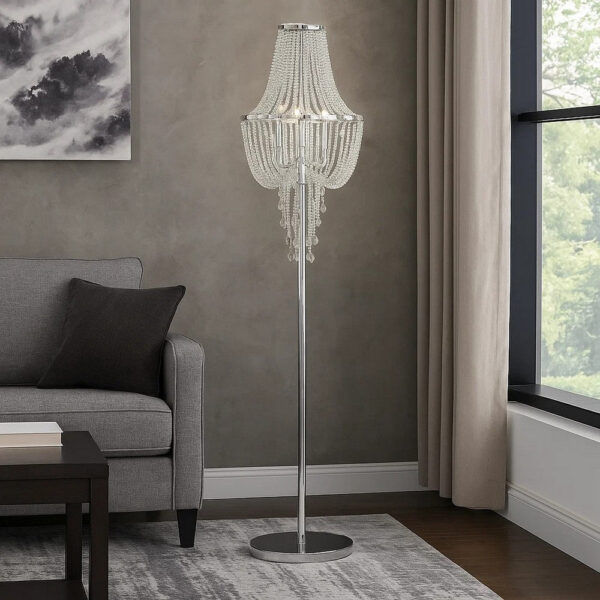 1502202669919baf388a3.jpeg Cara 62 Inch Floor Lamp, Hanging Drop Design, Crystal and Metal, Chrome
