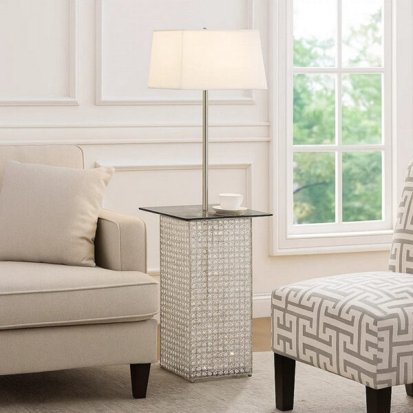 1502202669919bc07a0e1.jpeg 59 Inch Floor Lamp with Glass Tabletop, Crystal Stand, Metal, Clear