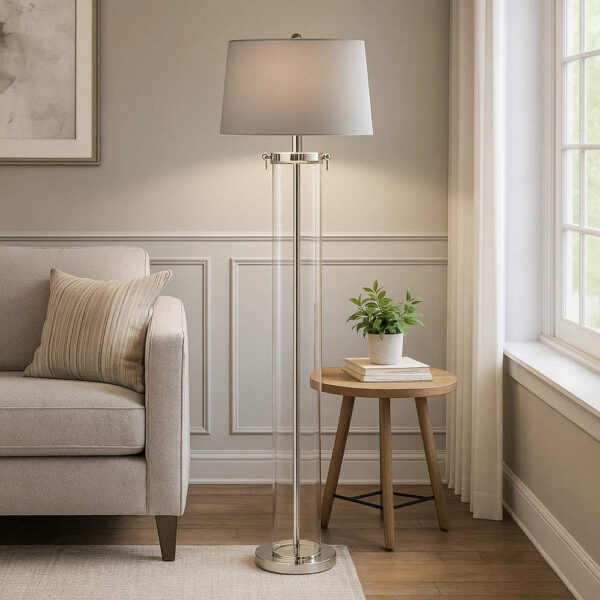 Axie 60 Inch Floor Lamp, Clear Glass Stand, Empire Shade, Metal, Nickel