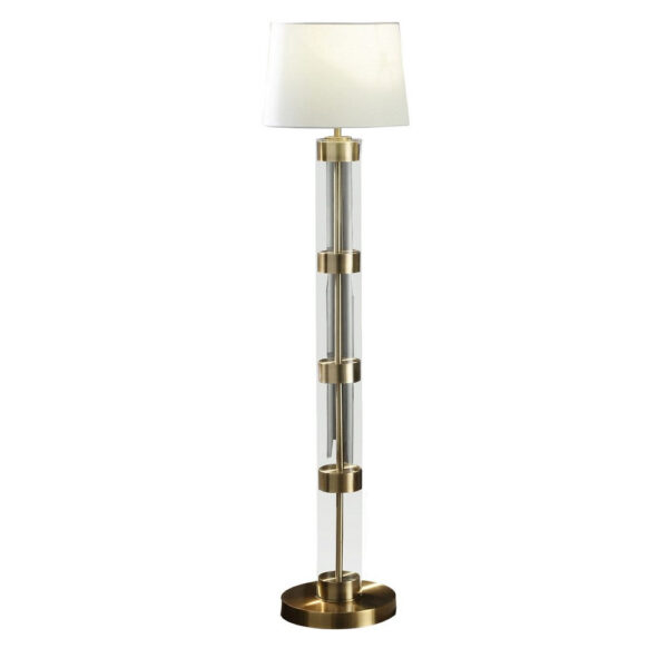 Kria 60 Inch Floor Lamp, Clear Glass Stand, Metal Bands, Antique Brass