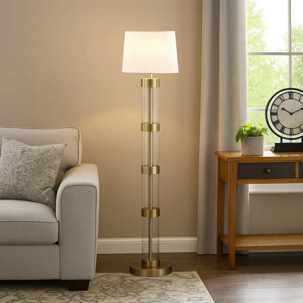 Kria 60 Inch Floor Lamp, Clear Glass Stand, Metal Bands, Antique Brass