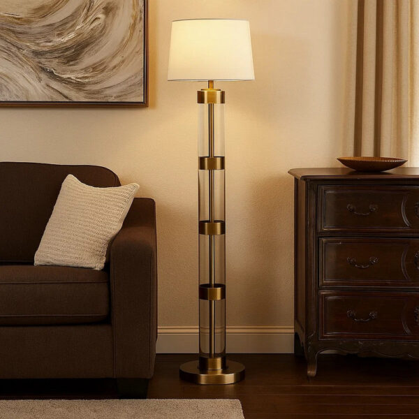 Kria 60 Inch Floor Lamp, Clear Glass Stand, Metal Bands, Antique Brass