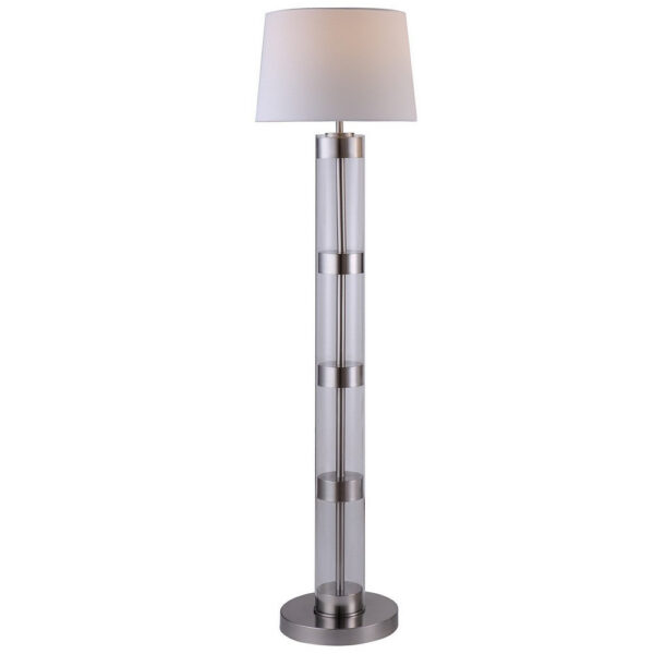 Kria 60 Inch Floor Lamp, Clear Glass Stand, Metal Bands, Satin Nickel