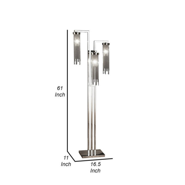 61 Inch Floor Lamp, 3 Crystal Cascade Style Shade, Chrome Finished Metal