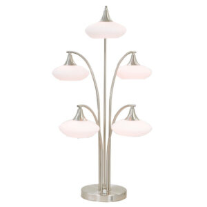 31 Inch Table Lamp, 5 Dome Shape Shades, Glass, Sand Chrome Finished Metal