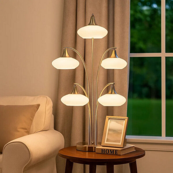 31 Inch Table Lamp, 5 Dome Shape Shades, Glass, Sand Chrome Finished Metal