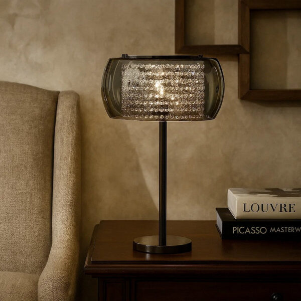 Hana 30 Inch Table Lamp, Modern Crystal Glass Shade, Metal, Black Nickel