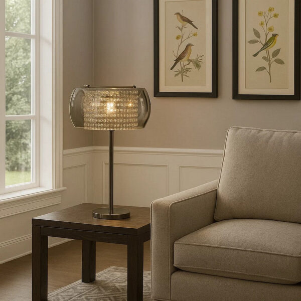 Hana 30 Inch Table Lamp, Modern Crystal Glass Shade, Metal, Black Nickel