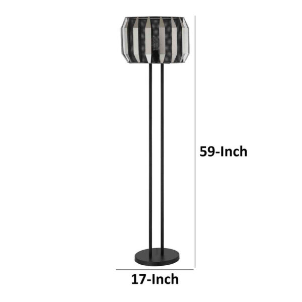 Pin 59 Inch Floor Lamp, Drum Shade, Metal Base, Accent Round Base, Black